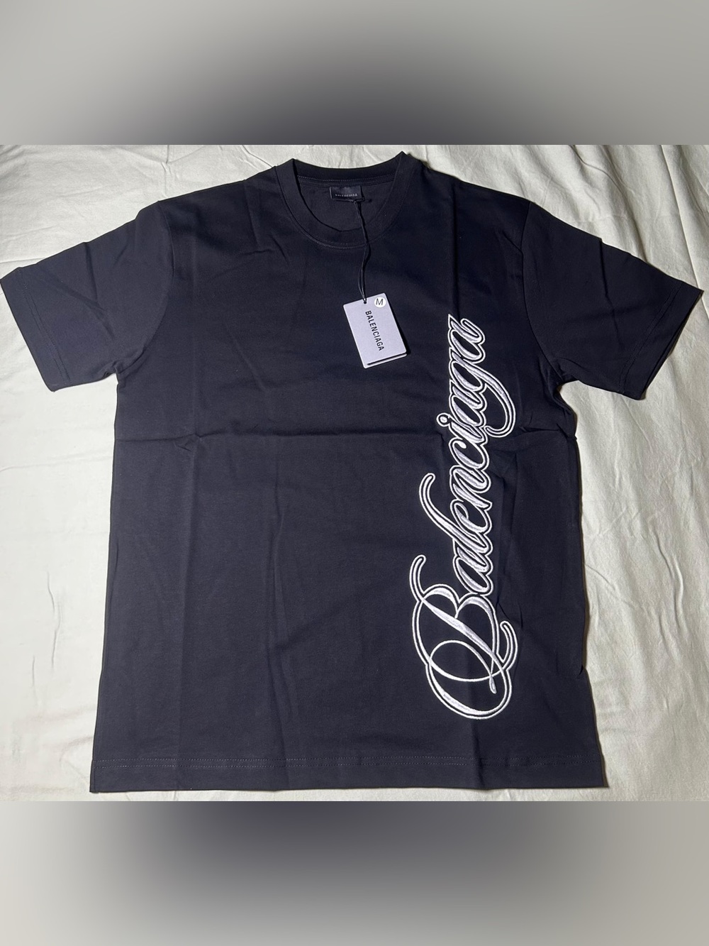 Balenciaga Black Tee with Diagonal White Script Logo